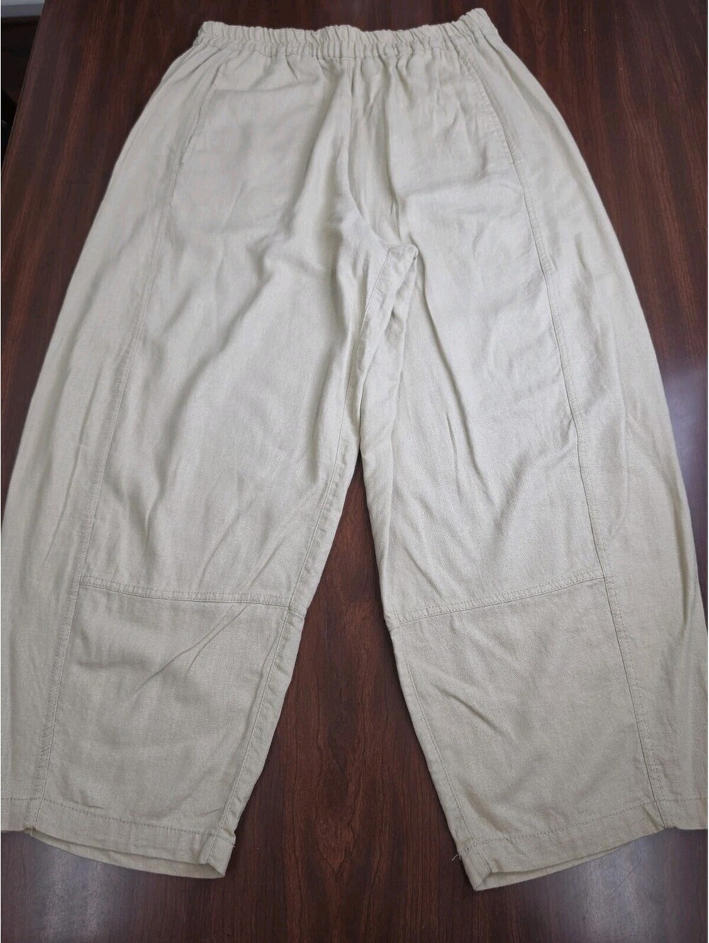 Max Studio London Beige Linen Blend Crop Pants Large Elastic Waist Casual Luxury